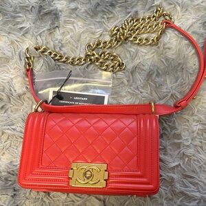 Chanel Red Quilted boy Bag with Gold Chain